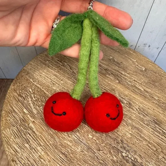 Red Cherries Cherry Bag Charm Fun Felted Wool Purse Charm NEW Accessories NEW! - Picture 6 of 6